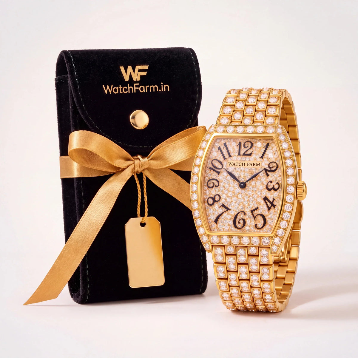 Gold Diamond Tonneau with Watch Farm velvet pouch – FREE in Diwali combo