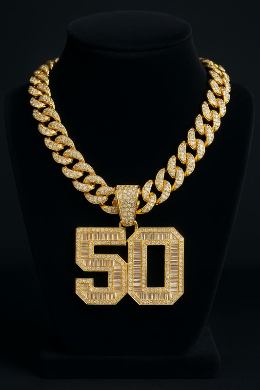 WatchFarm Men’s Iced “50” Cuban Link Pendant Necklace
