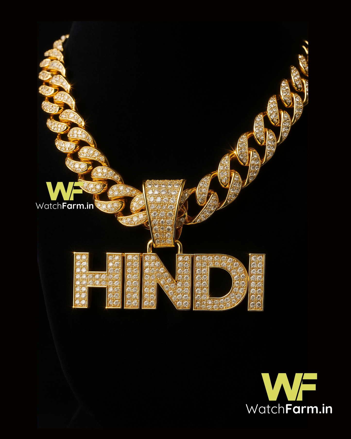 Men’s Gold Cuban Link Chain & “HINDI” Letter Pendant | WatchFarm