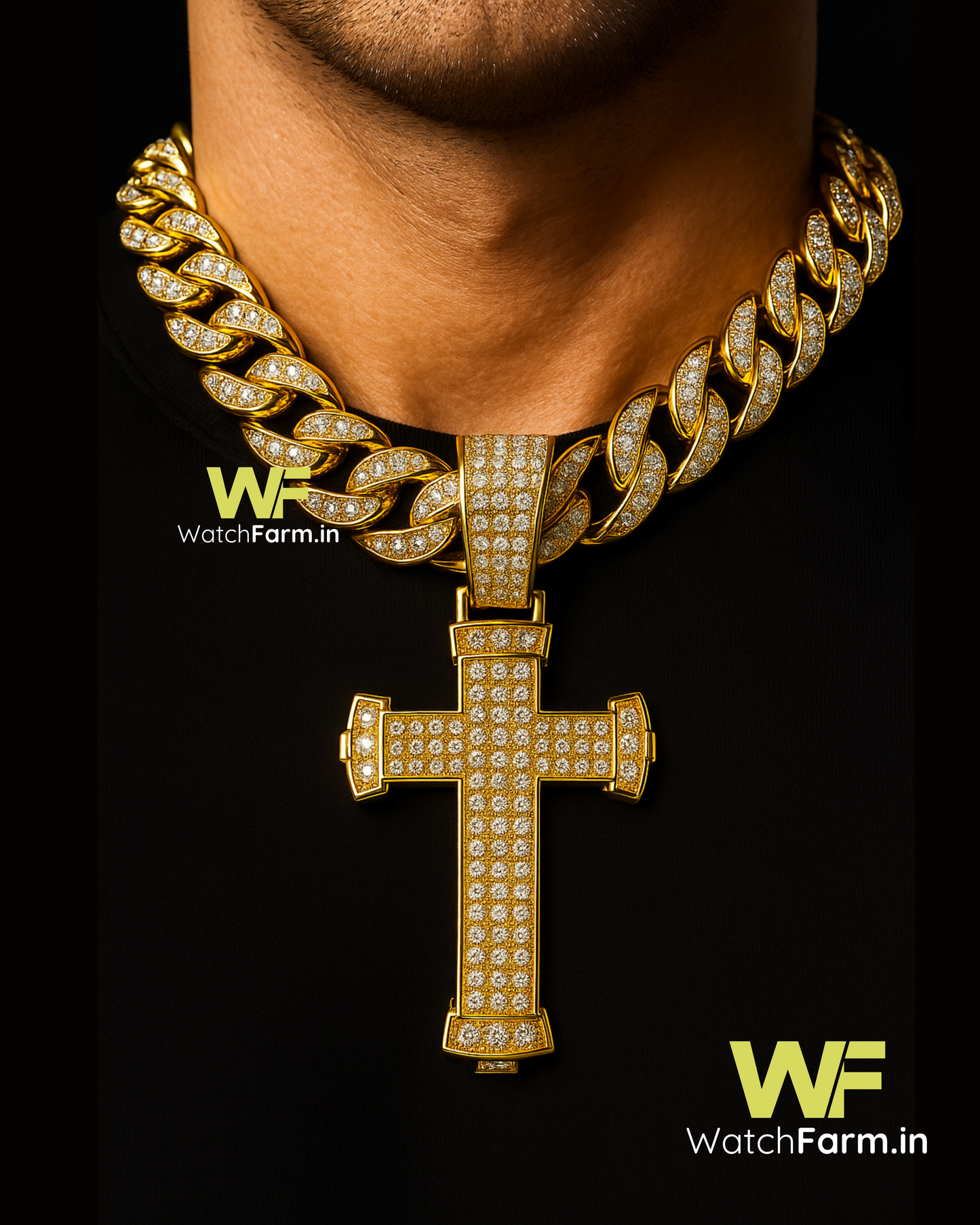 WatchFarm Men’s Gold‑Tone Miami Cuban Link Chain with Iced‑Out Cross Pendant