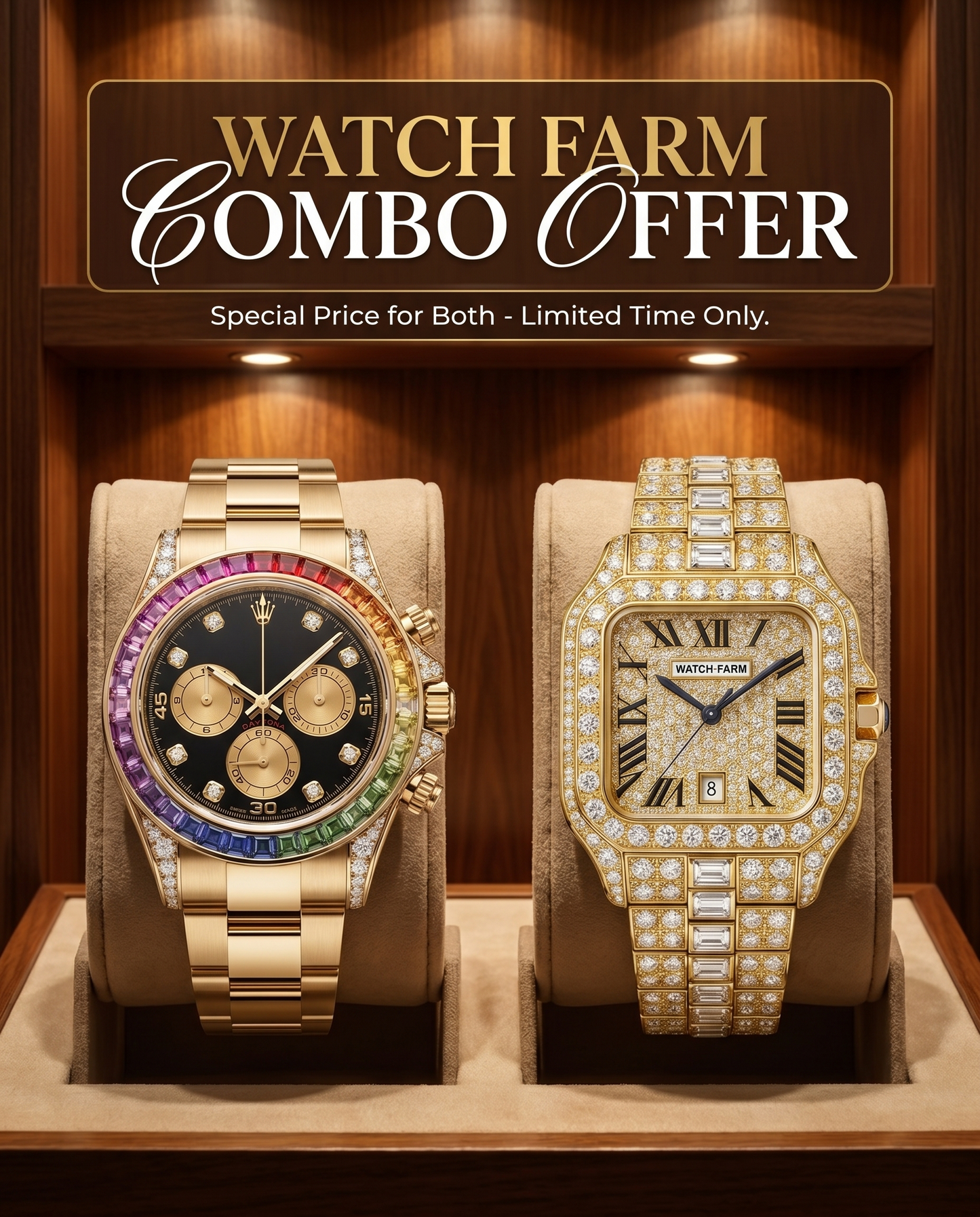 Diamond Watch Gold Combo-Pack of 2(RAINBOW+GOLD)