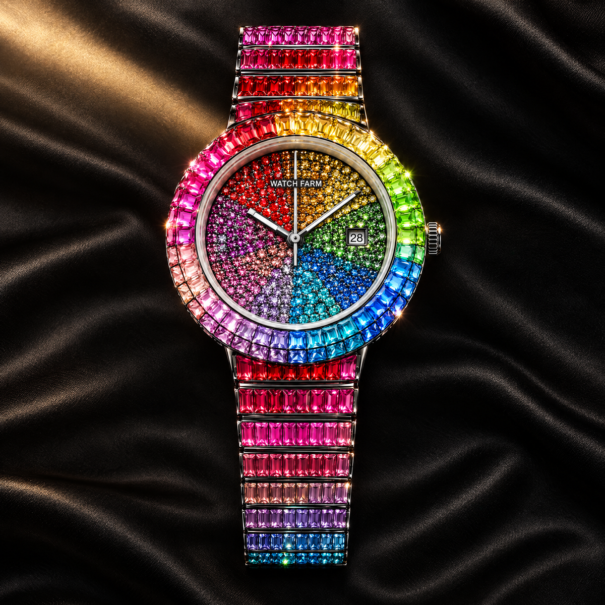 WatchFarm Rainbow Supreme Diamond Watch — editorial flat lay