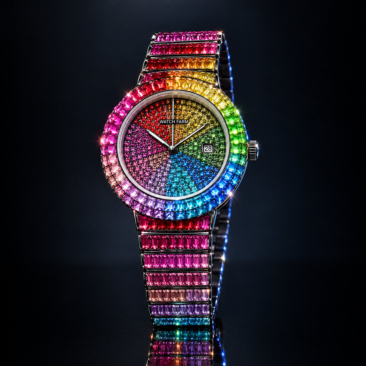 WatchFarm Rainbow Supreme Diamond Watch — dial macro