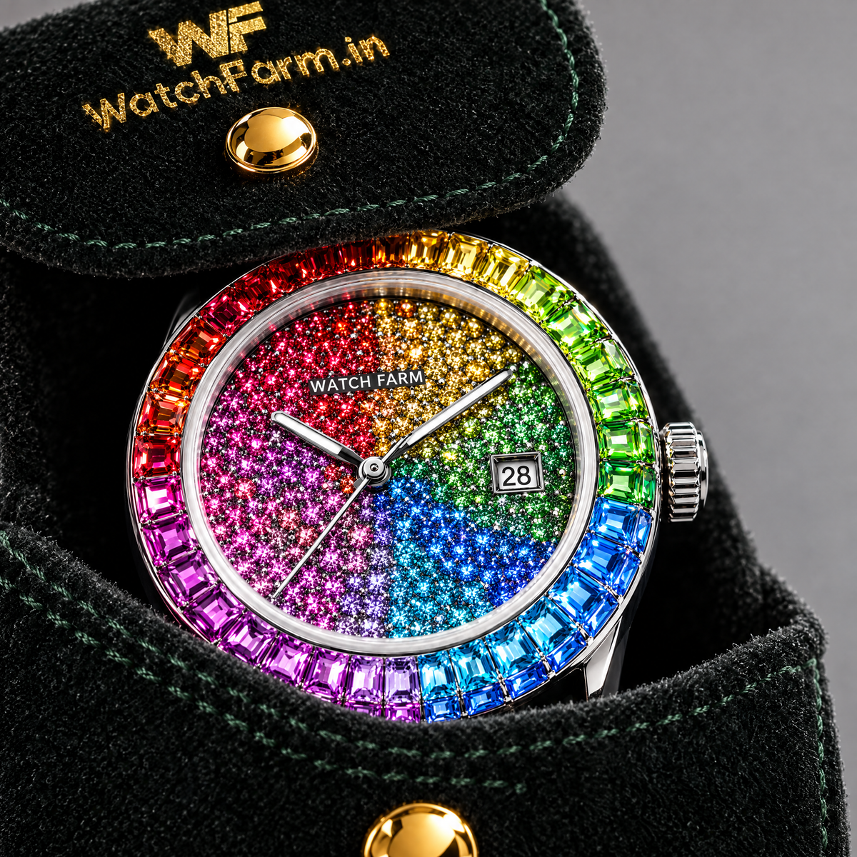 WatchFarm Rainbow Supreme Diamond Watch — dial close-up in pouch