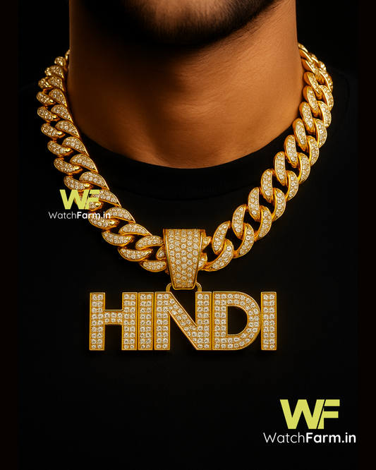 Men’s Gold Cuban Link Chain & “HINDI” Letter Pendant | WatchFarm