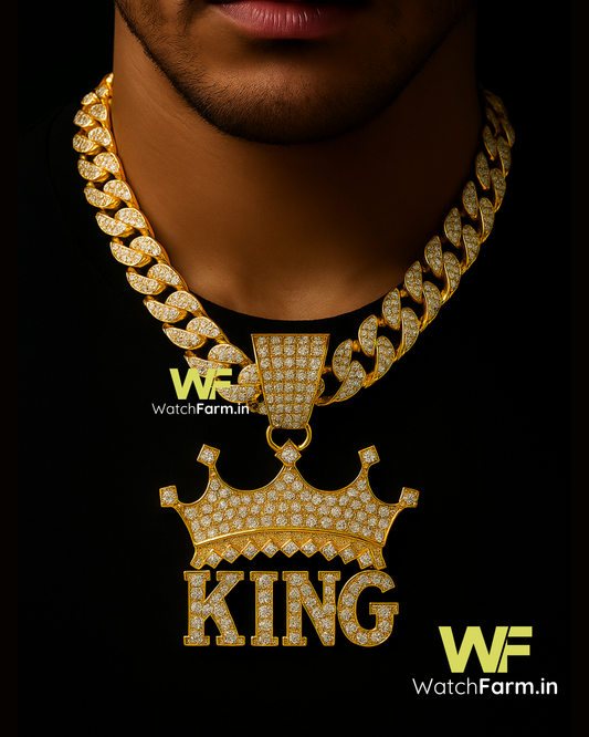 Men’s Gold Cuban Link Chain & “KING” Crown Bling Pendant | WatchFarm