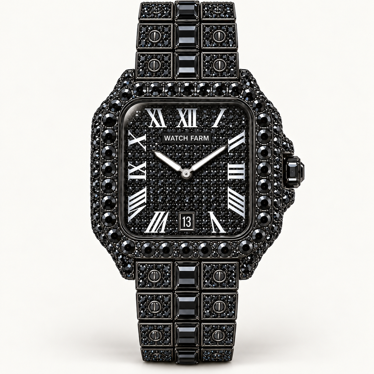 WatchFarm Black Onyx Diamond Watch – black pavé dial with Roman numerals