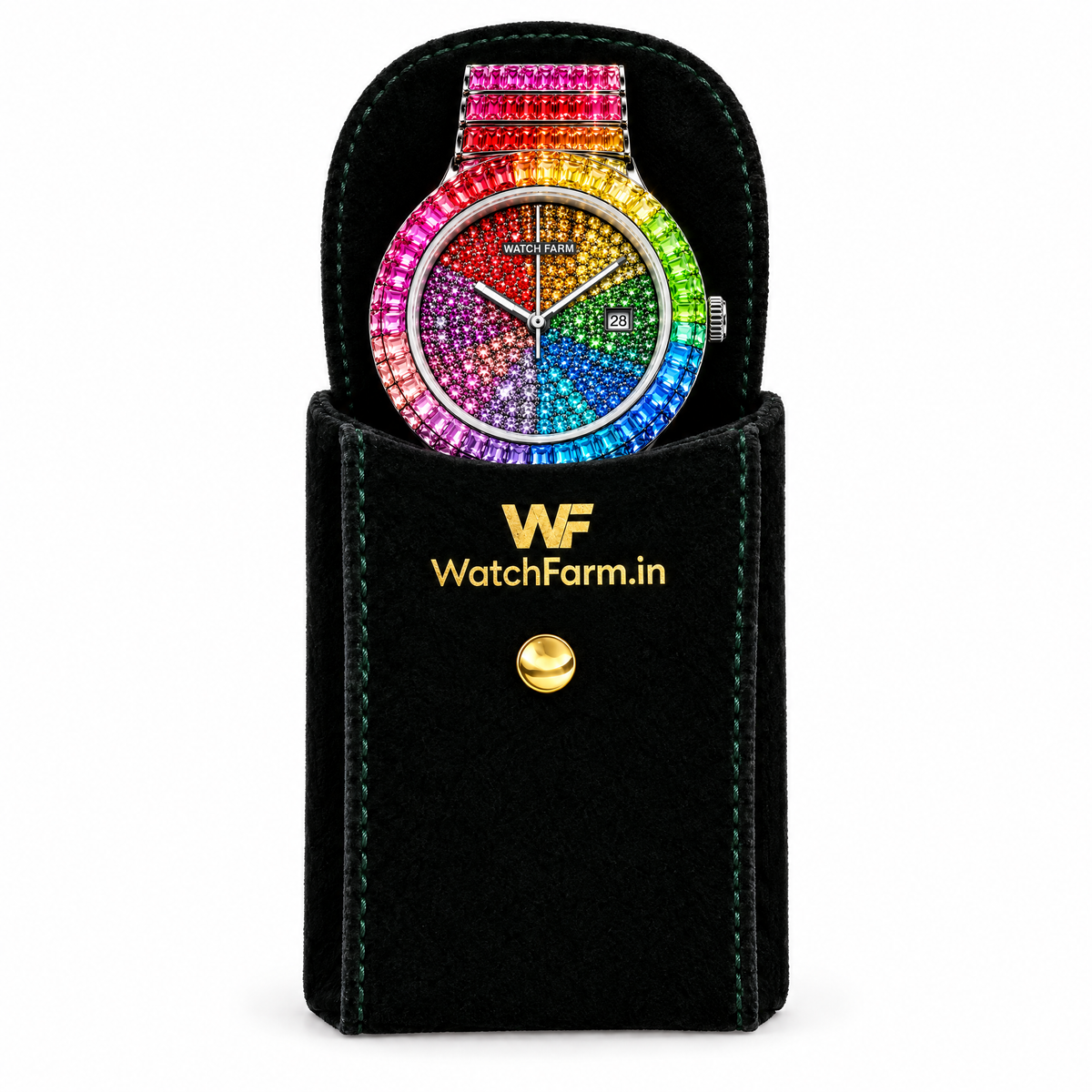 WatchFarm Rainbow Supreme Diamond Watch — pouch presentation