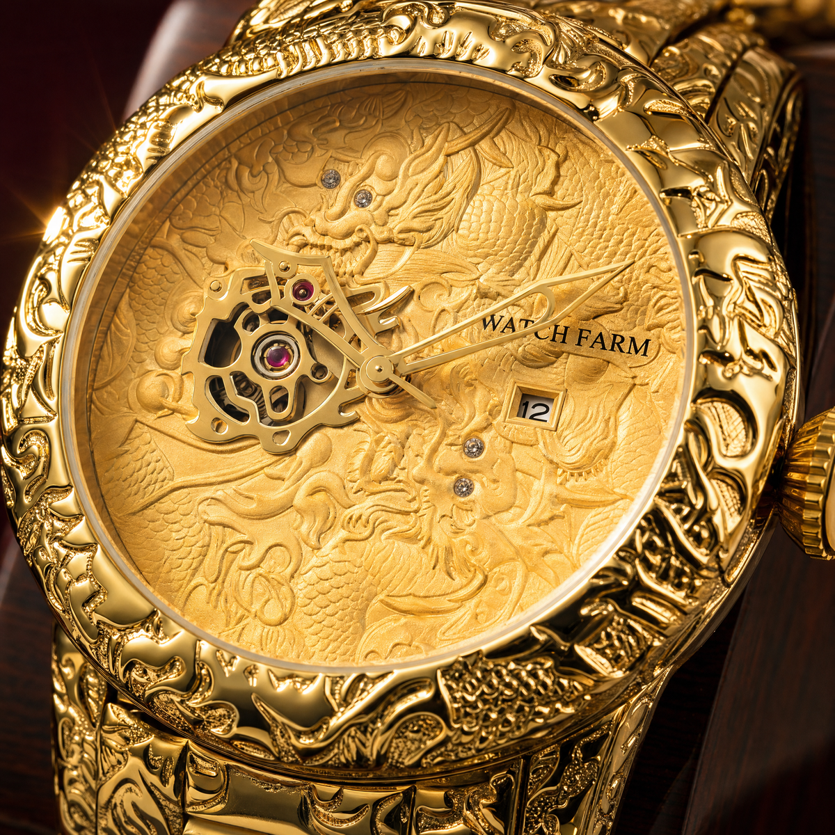 Dragon Gold Watch dial close-up showing engraved dragon detail