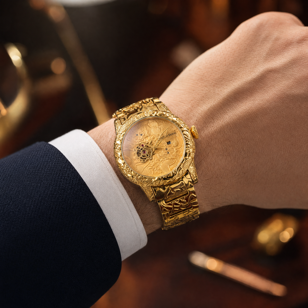 Dragon Gold Watch worn on wrist with formal suit