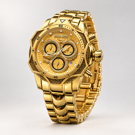 Dragon Gold Watch New Arrival — full view, coiled dragon chronograph dial