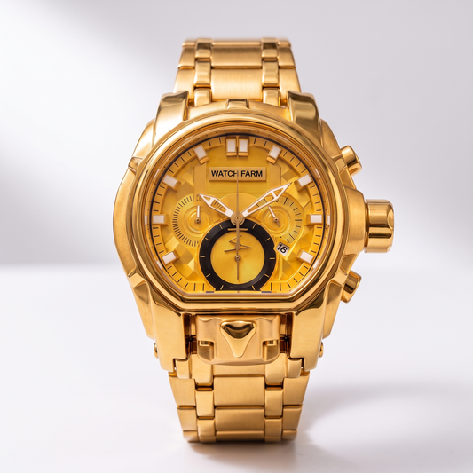Gold D Swiss Watch — front view on white studio background